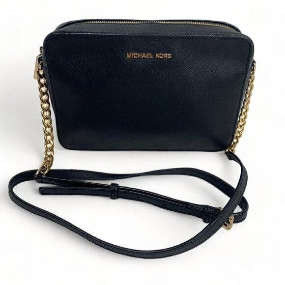 MICHAEL KORS Leather Jet Set East West Crossbody Bag With Chain Strap Black/Gold - Picture 5 of 13